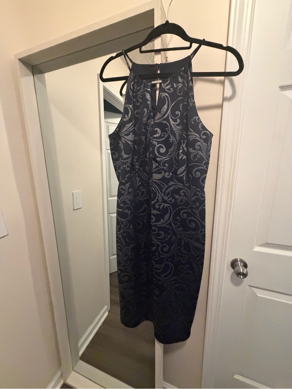 Navy Halter Midi Dress with Silver Scroll Pattern